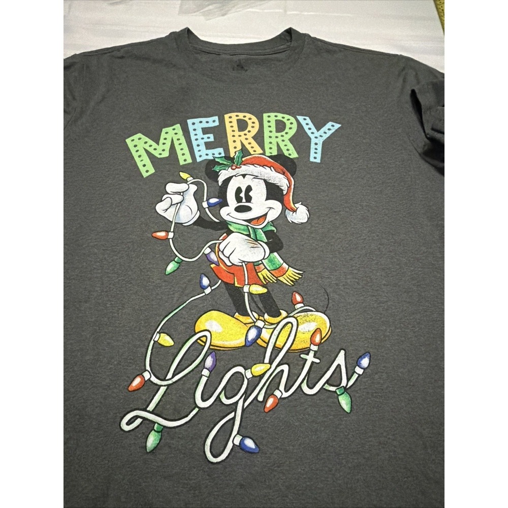 Disney Mickey Mouse Merry Lights Christmas Graphic T-Shirt Charcoal Gray Mens L